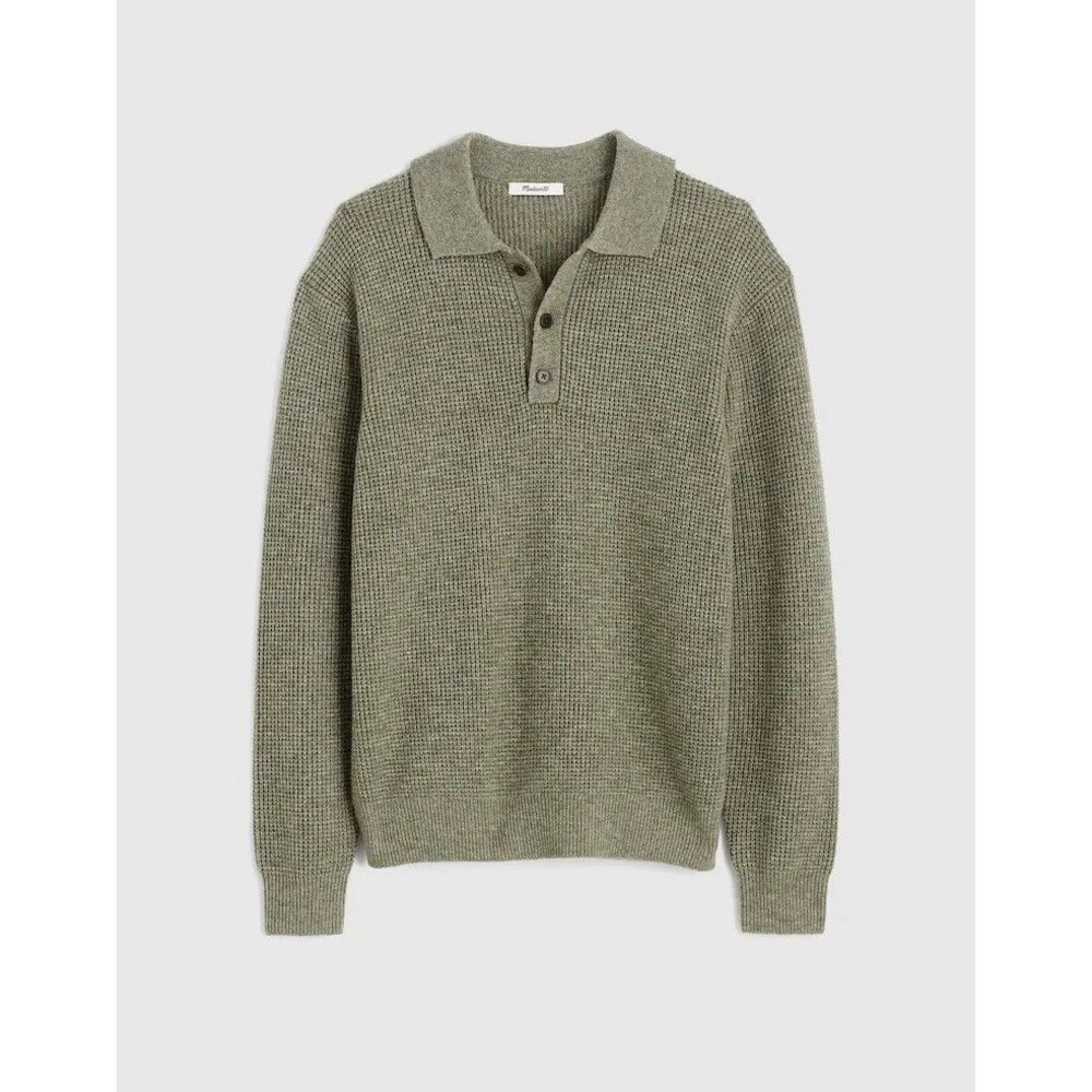 Madewell Waffle Knit Sweater Polo Mens Merino Wool Blend Heather Sage Size XXL